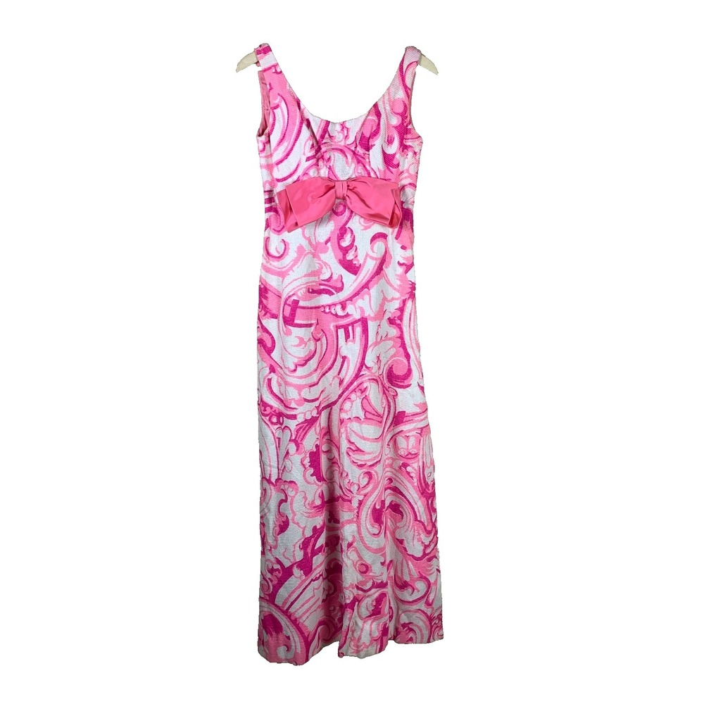 Vintage 60s Twee Maxi Dress Handmade Pink Satin Bow Twee Jacquard‎ Occasion